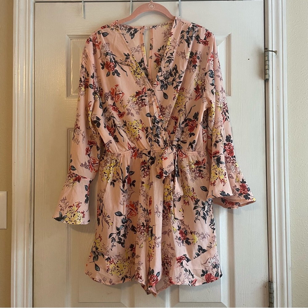 Large Peach Floral Print V Neck Bell Sleeve Faux Waist Tie Romper